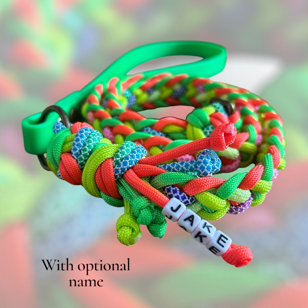 neon paracord dog lead with biothane handle and optional name beads