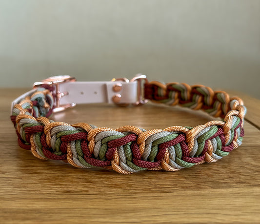 Multicolored braided dog collar on a wooden surface with a neutral background