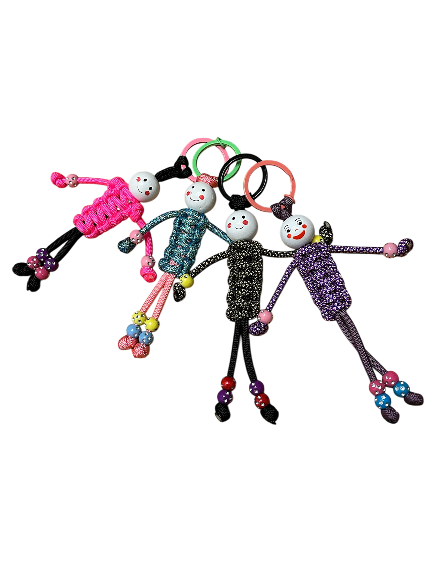 Multiple multi coloured paracord person key ring with wooden bead head
