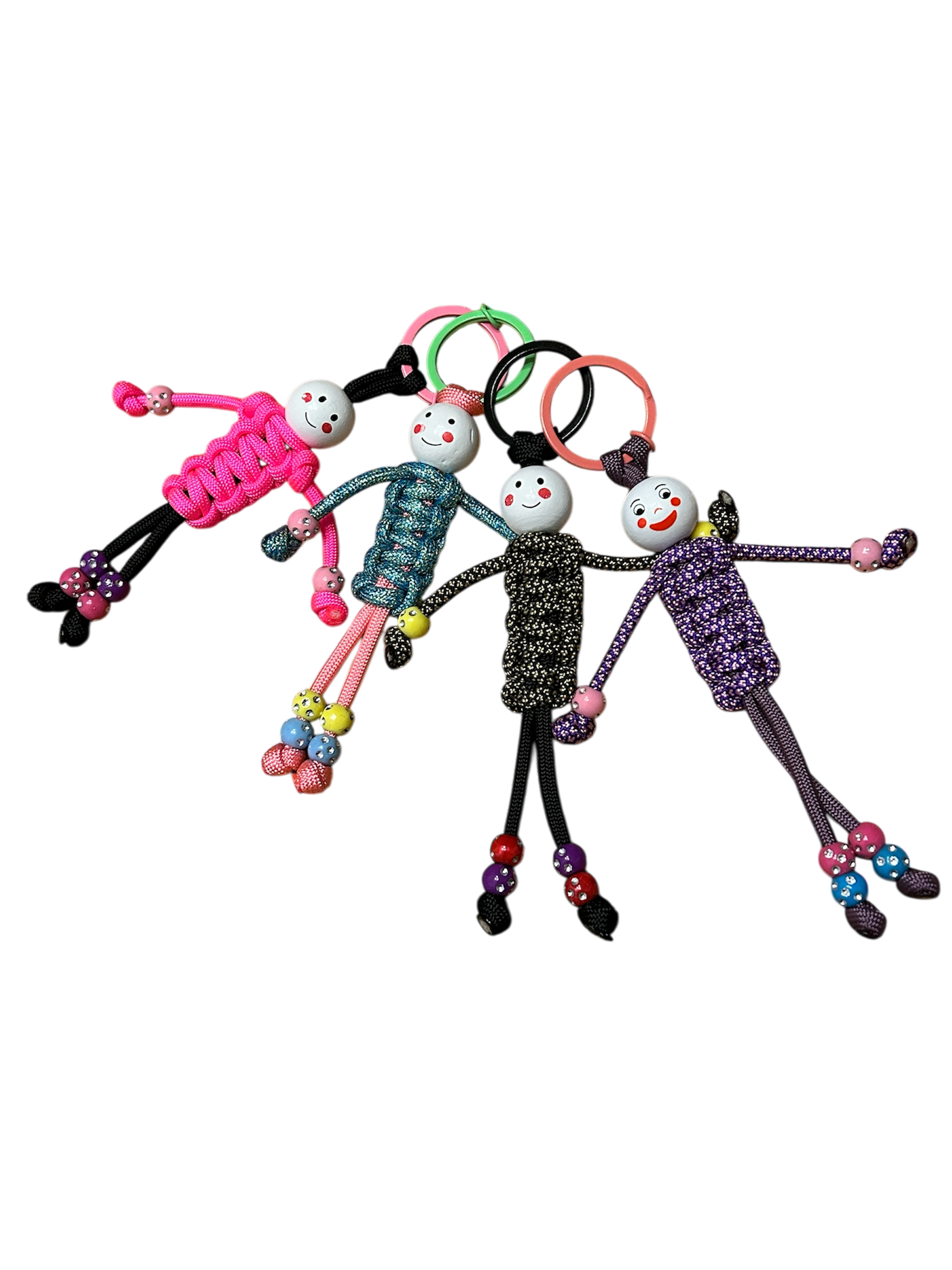 Multiple multi coloured paracord person key ring with wooden bead head