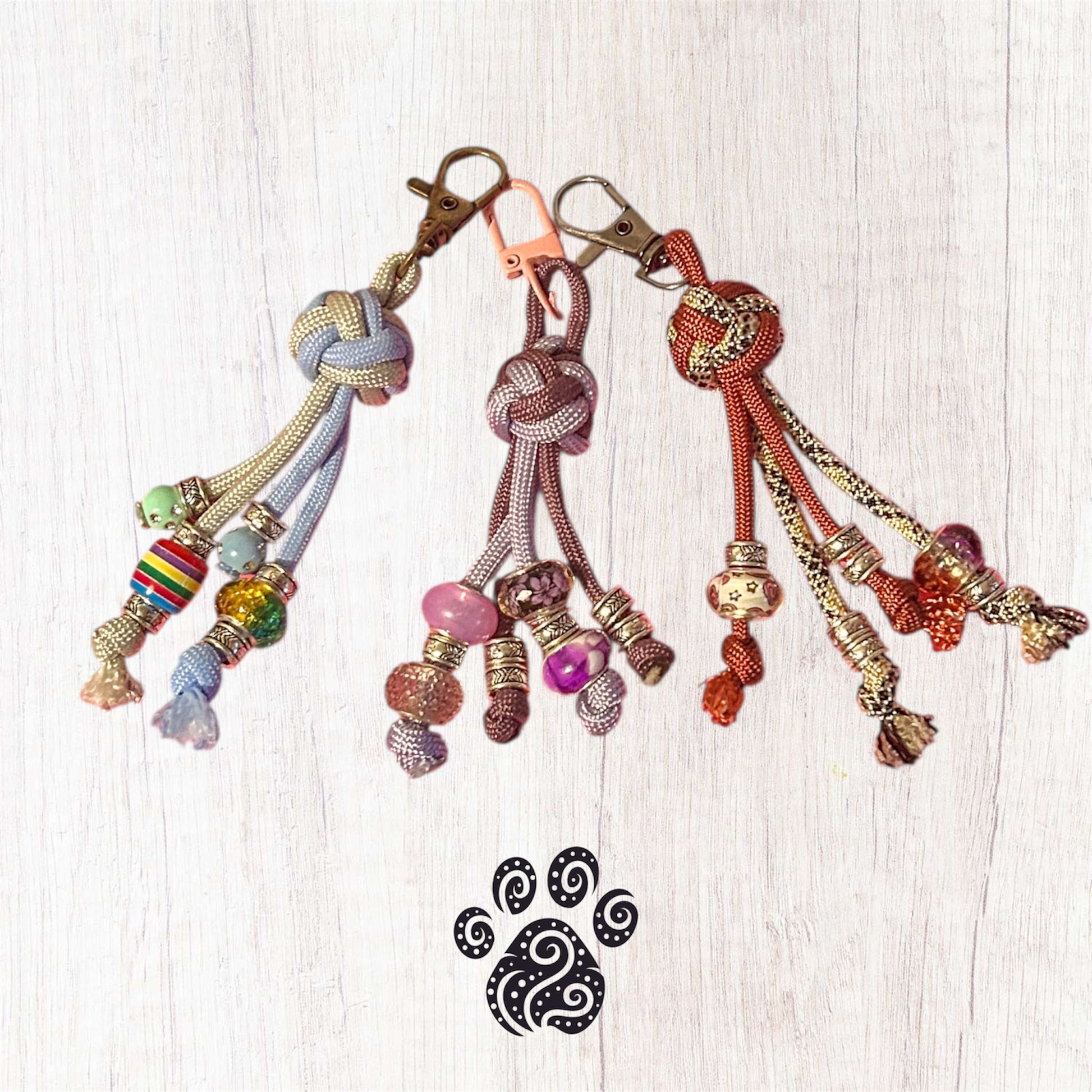 Three beaded keychains in various colours