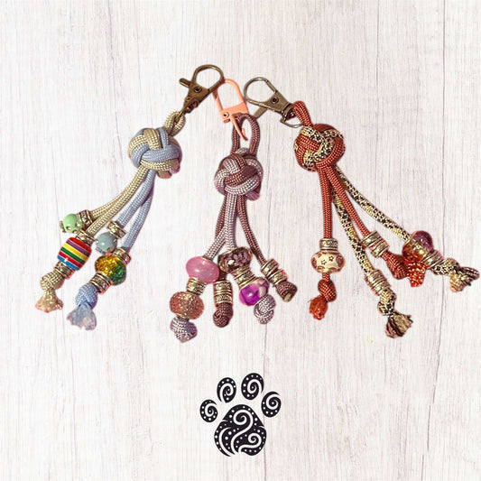 Three beaded keychains in various colours