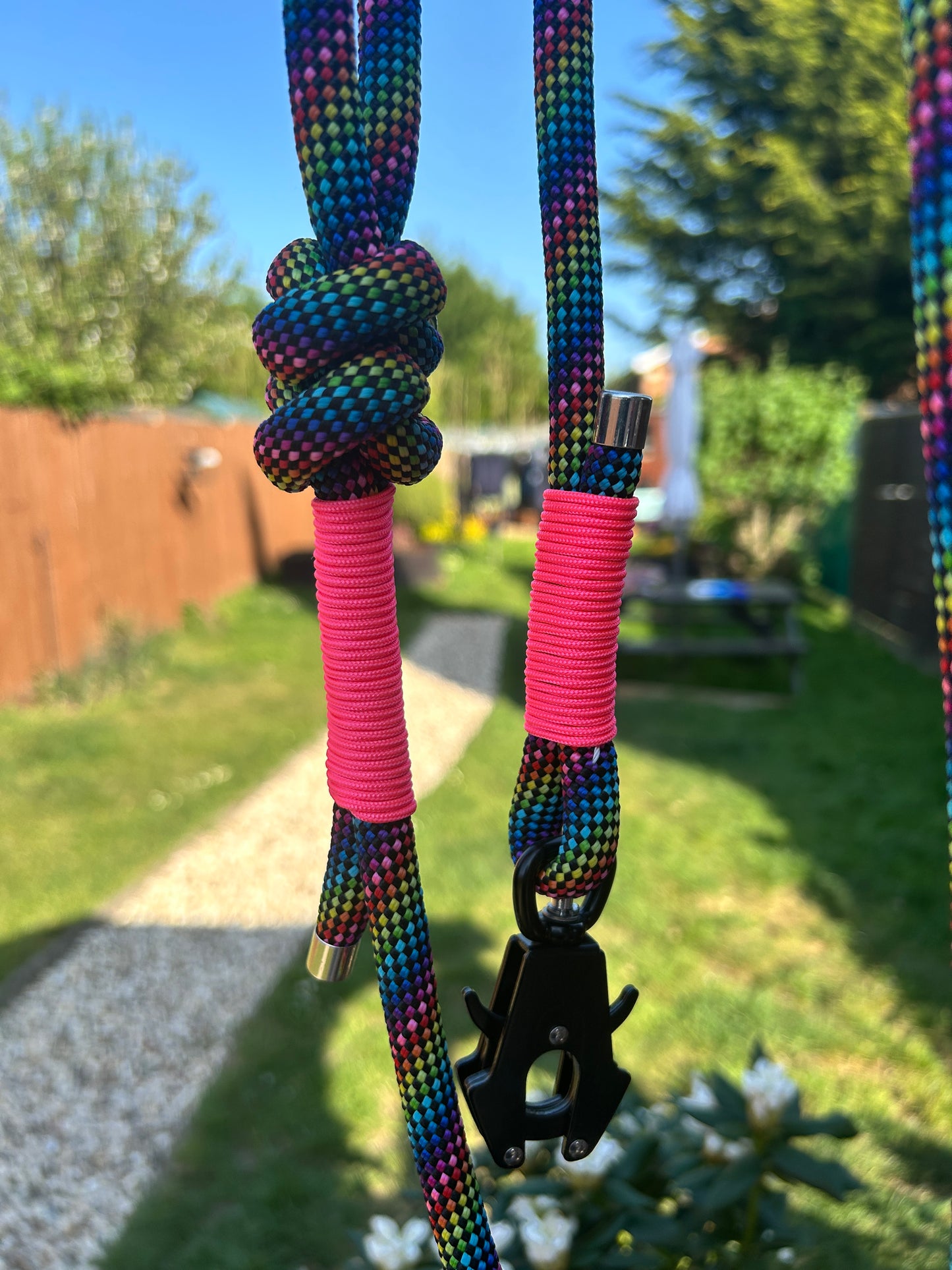 Multi coloured rope dog lead with quick release clip