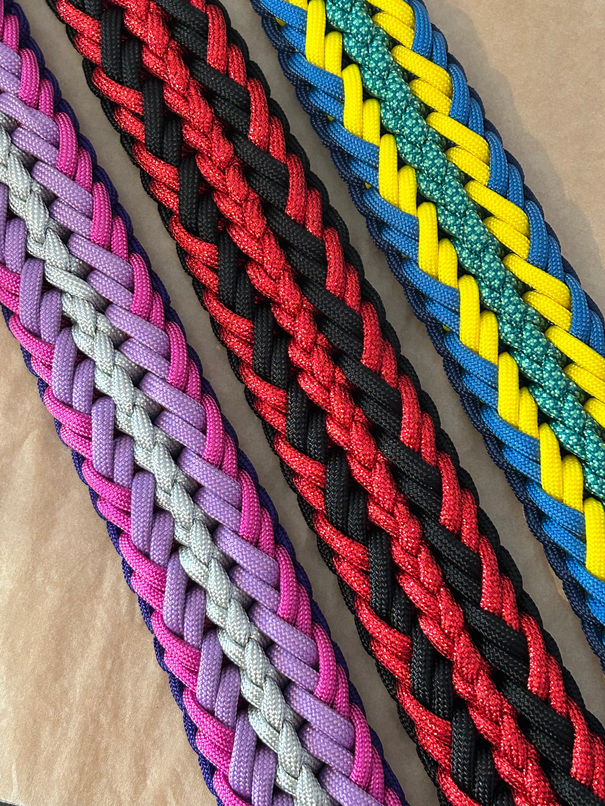 colourful braided paracord collars laying flat